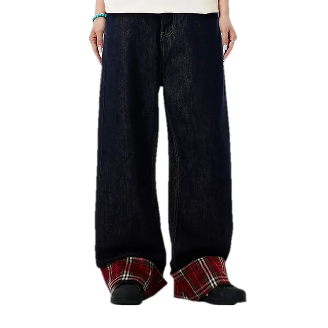 90s Style Checkerboard Slouchy Men's Jeans - Dark Blue