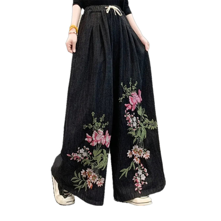 Fashionable Medium Rise Women's Denim Culottes - Black